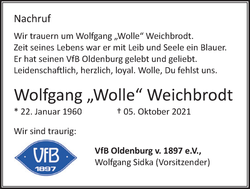  Traueranzeige für Wolfgang Weichbrodt vom 14.10.2021 aus Nordwest-Zeitung