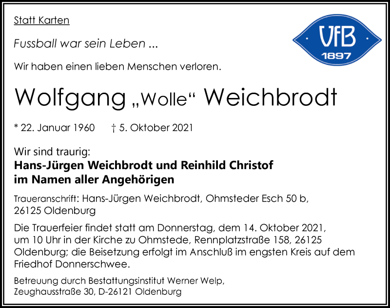  Traueranzeige für Wolfgang Weichbrodt vom 09.10.2021 aus Nordwest-Zeitung
