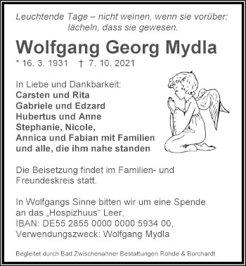 Traueranzeige von Wolfgang Georg Mydla von Nordwest-Zeitung