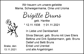 Traueranzeige von Brigitte Bruns von Nordwest-Zeitung