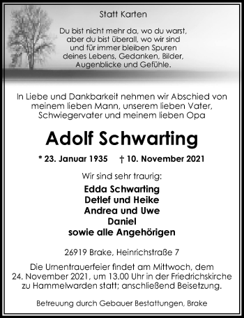 Traueranzeige von Adolf Schwarting von Nordwest-Zeitung