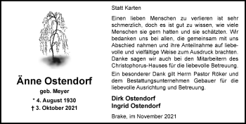 Traueranzeige von Änne Ostendorf von Nordwest-Zeitung