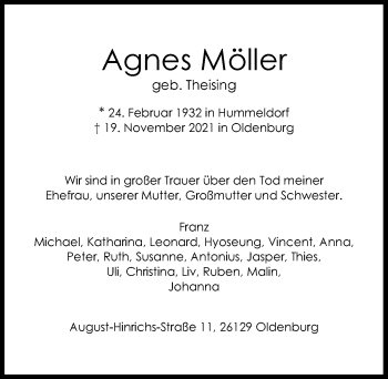 Traueranzeige von Agnes Möller von Nordwest-Zeitung