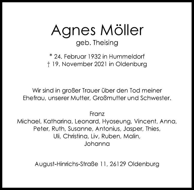  Traueranzeige für Agnes Möller vom 23.11.2021 aus Nordwest-Zeitung