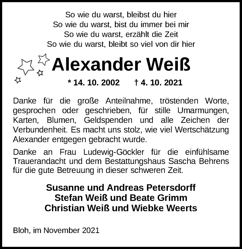  Traueranzeige für Alexander Weiß vom 13.11.2021 aus Nordwest-Zeitung
