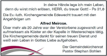 Traueranzeige von Alfred Meirose von Nordwest-Zeitung