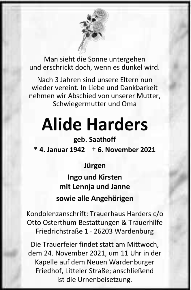  Traueranzeige für Alide Harders vom 13.11.2021 aus Nordwest-Zeitung