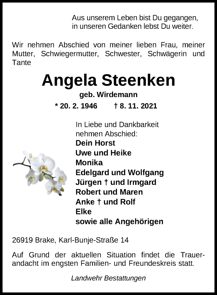  Traueranzeige für Angela Stengen vom 13.11.2021 aus Nordwest-Zeitung