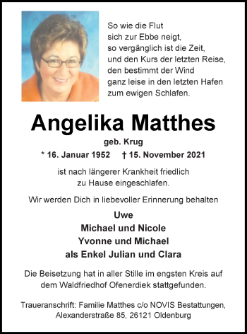 Traueranzeige von Angelika Matthes von Nordwest-Zeitung