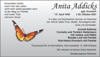 Traueranzeige von Anita Addicks von Nordwest-Zeitung
