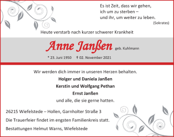 Traueranzeige von Anne Janßen von Nordwest-Zeitung