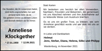 Traueranzeige von Anneliese Klockgether von Nordwest-Zeitung