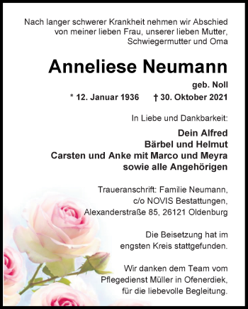 Traueranzeige von Anneliese Neumann von Nordwest-Zeitung