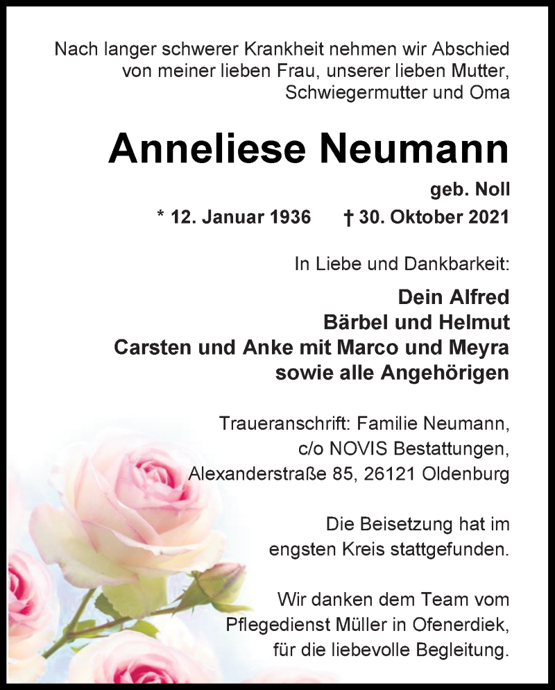  Traueranzeige für Anneliese Neumann vom 13.11.2021 aus Nordwest-Zeitung