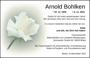 Traueranzeige von Arnold Bohlken von Nordwest-Zeitung