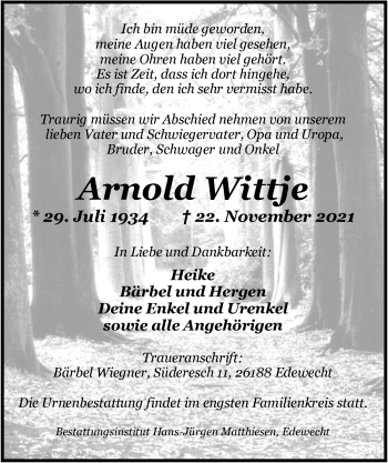 Traueranzeige von Arnold Wittje von Nordwest-Zeitung