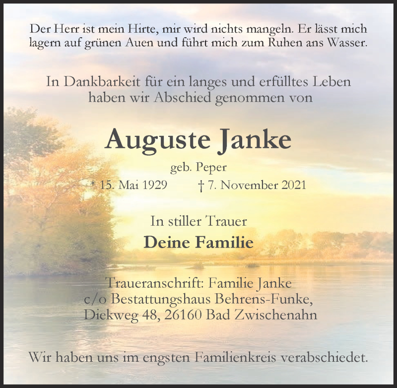  Traueranzeige für Auguste Janke vom 13.11.2021 aus Nordwest-Zeitung