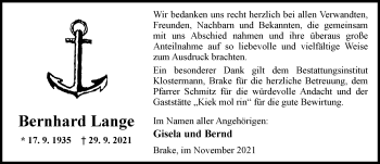 Traueranzeige von Bernhard Lange von Nordwest-Zeitung