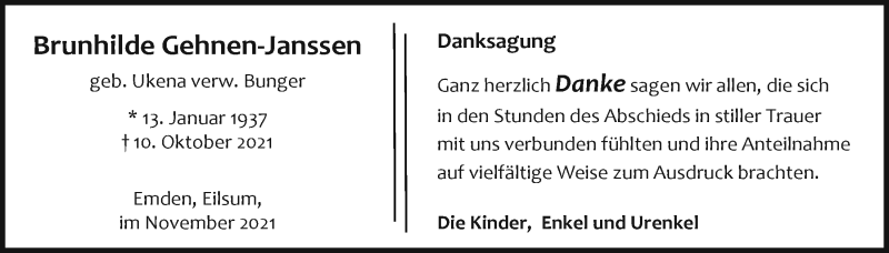  Traueranzeige für Brunhilde Gehnen-Janssen vom 13.11.2021 aus Emder Zeitung