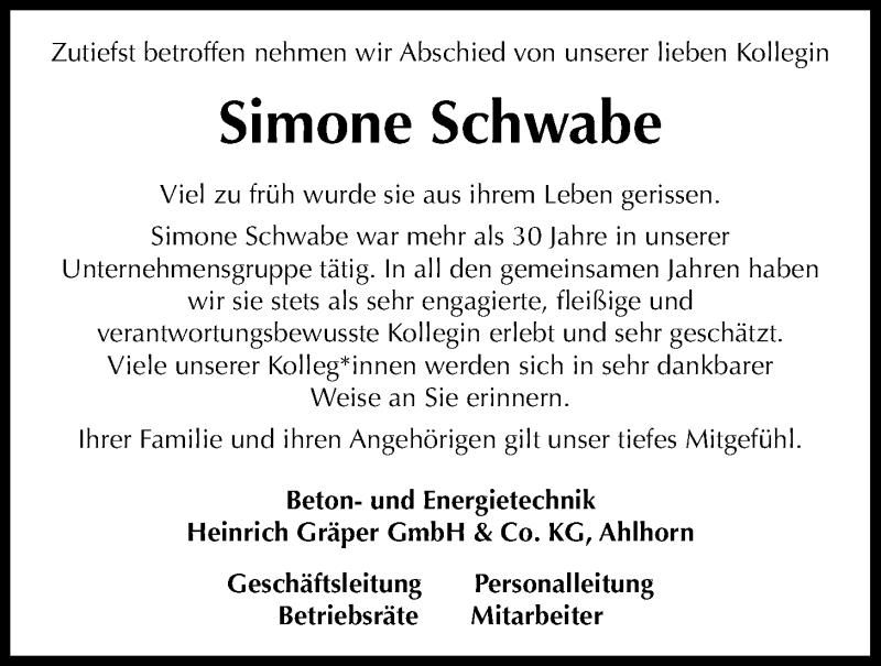  Traueranzeige für Simone Schwabe vom 27.11.2021 aus Nordwest-Zeitung