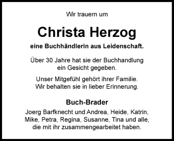 Traueranzeige von Christa Herzog von Nordwest-Zeitung