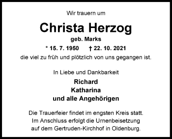 Traueranzeige von Christa Herzog von Nordwest-Zeitung