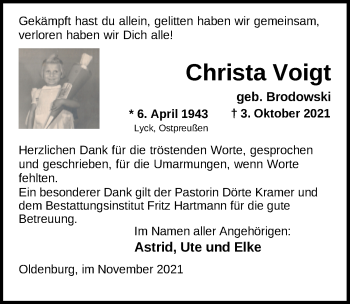 Traueranzeige von Christa Voigt von Nordwest-Zeitung