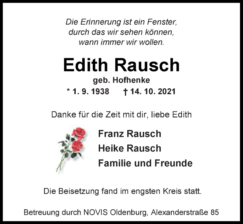  Traueranzeige für Edith Rausch vom 06.11.2021 aus Nordwest-Zeitung