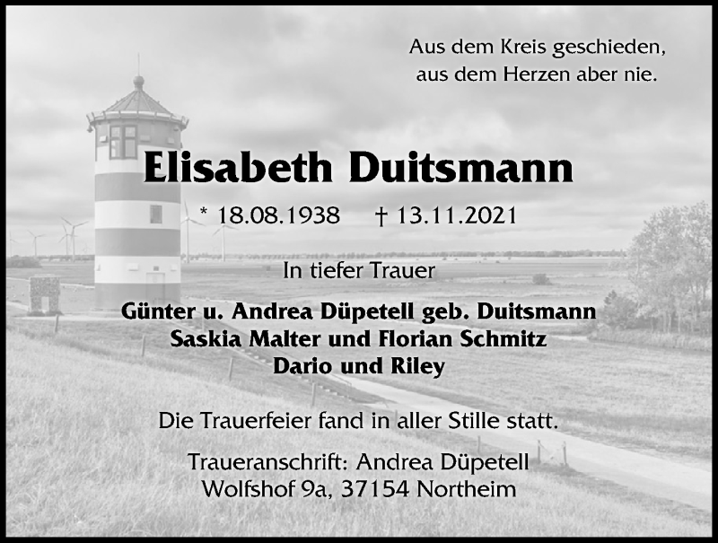 Traueranzeige für Elisabeth Duitsmann vom 27.11.2021 aus Emder Zeitung