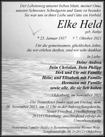 Traueranzeige von Elke Held von Nordwest-Zeitung
