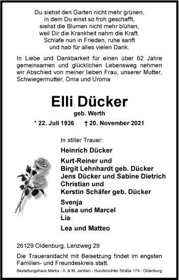 Traueranzeige von Elli Dücker von Nordwest-Zeitung