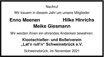 Traueranzeige von Enno Meenen von Nordwest-Zeitung