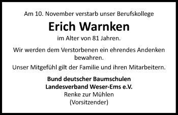Traueranzeige von Erich Warnken von Nordwest-Zeitung