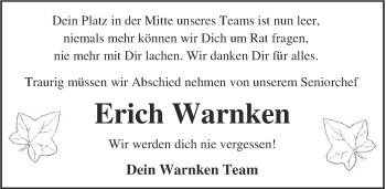 Traueranzeige von Erich Warnken von Nordwest-Zeitung