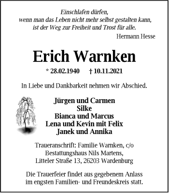Traueranzeige von Erich Warnken von Nordwest-Zeitung