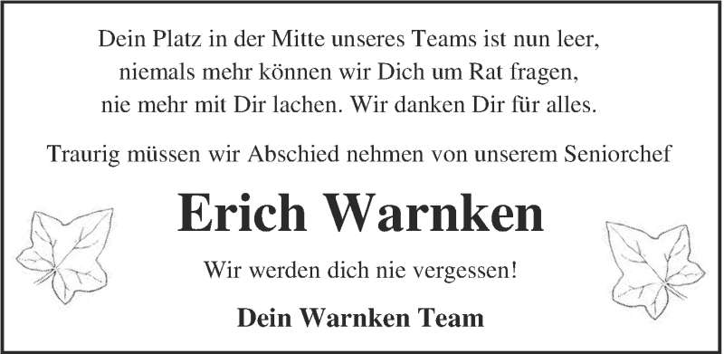  Traueranzeige für Erich Warnken vom 13.11.2021 aus Nordwest-Zeitung