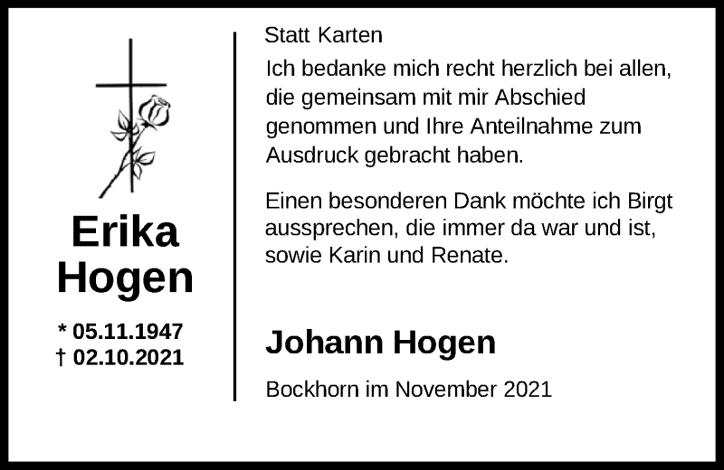  Traueranzeige für Erika Hogen vom 20.11.2021 aus Nordwest-Zeitung