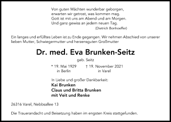 Traueranzeige von Eva Brunken-Seitz von Nordwest-Zeitung
