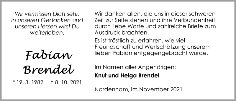  Traueranzeige für Fabian Brendel vom 20.11.2021 aus Nordwest-Zeitung