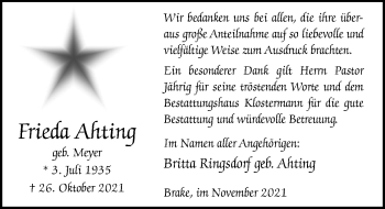 Traueranzeige von Frieda Ahting von Nordwest-Zeitung