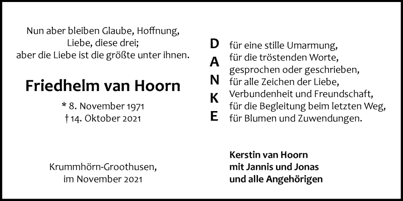  Traueranzeige für Friedhelm van Hoorn vom 27.11.2021 aus Emder Zeitung