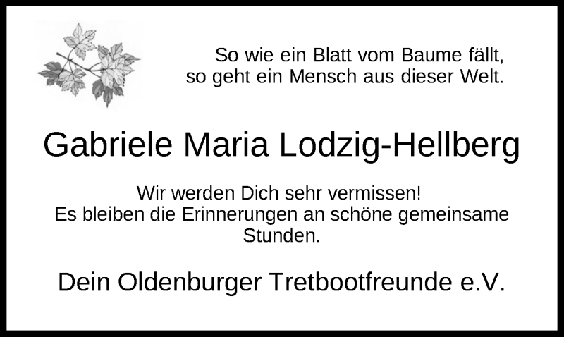  Traueranzeige für Gabriele Maria Lodzig-Hellberg vom 20.11.2021 aus Nordwest-Zeitung