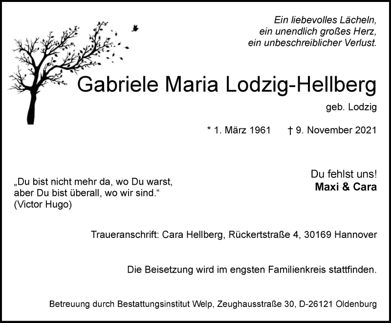  Traueranzeige für Gabriele Maria Lodzig-Hellberg vom 20.11.2021 aus Nordwest-Zeitung