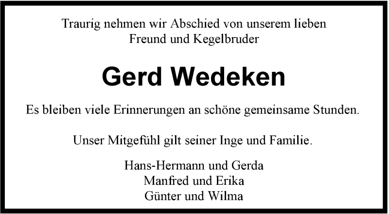  Traueranzeige für Gerd Wedeken vom 27.11.2021 aus Nordwest-Zeitung