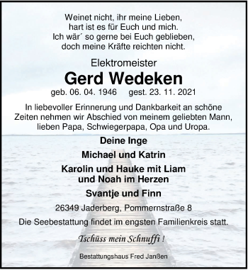 Traueranzeige von Gerd Wedeken von Nordwest-Zeitung