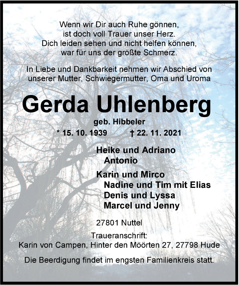  Traueranzeige für Gerda Uhlenberg vom 24.11.2021 aus Nordwest-Zeitung