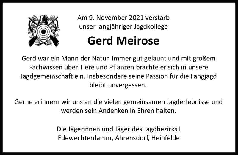  Traueranzeige für Gerhard Meirose vom 16.11.2021 aus Nordwest-Zeitung