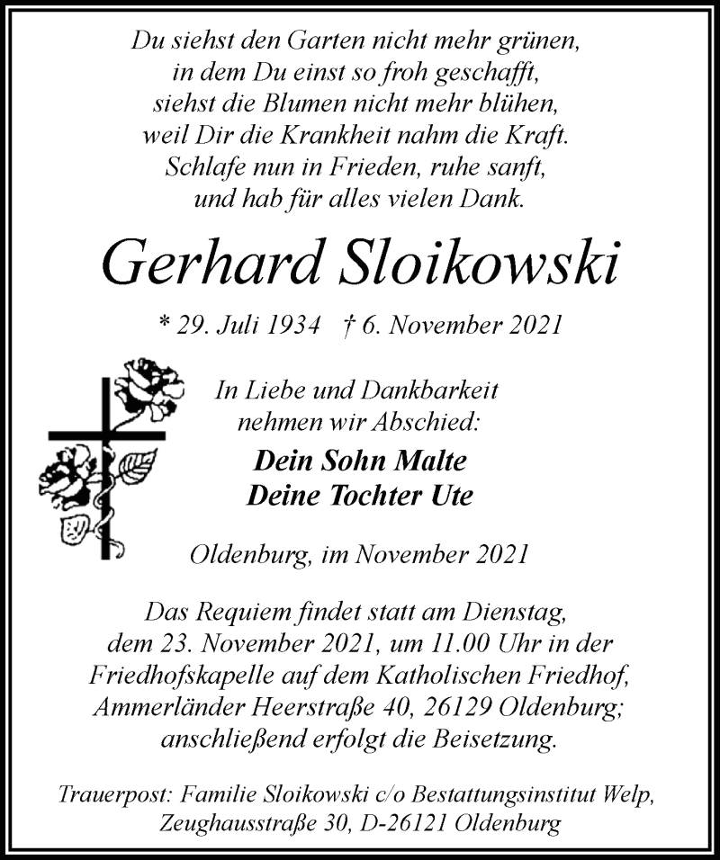 Traueranzeige für Gerhard Sloikowski vom 13.11.2021 aus Nordwest-Zeitung