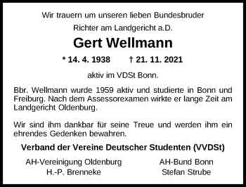 Traueranzeige von Gert Wellmann von Nordwest-Zeitung