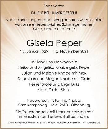 Traueranzeige von Gisela Peper von Nordwest-Zeitung